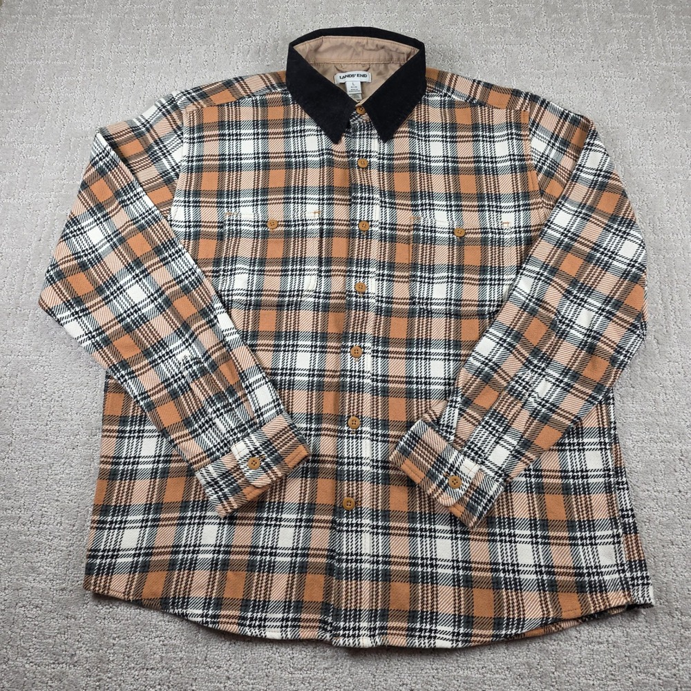 Lands End Mens Large Black Gold Plaid Flannel Heavy Shirt Corduroy Collar